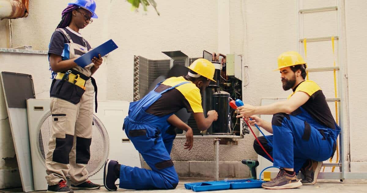 HVAC Mechanics cleaning condenser compressor